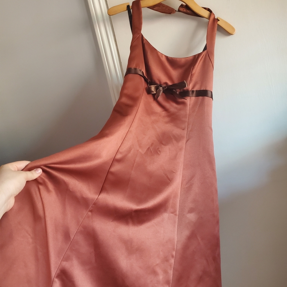 Vintage Y2K Halter Babydoll Dress Satin Brown w/ Bow Size 7/8 Retro Prom Formal - Picture 4 of 16